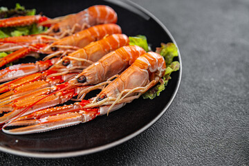 langoustine seafood shrimp prawns fresh food snack on the table copy space food background rustic