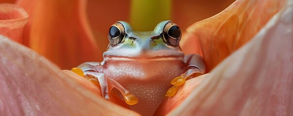 Close-up of a Green Tree Frog with Large Eyes Inside an Orange Flower