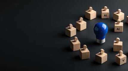 Poster - A blue light bulb symbolizes artificial intelligence, encircled by wooden cubes, reflecting business innovation and digital marketing strategies