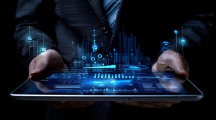 Poster - A man is holding a tablet with a blue screen that has a lot of numbers