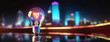 © Igor Tichonow - Glowing light bulb against a blurry city skyline at night, symbolizing the concept of innovation, ideas, and urban energy.