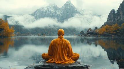 A monk sits on a rock near water, with a backdrop of cloud-covered mountains.