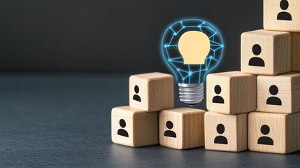Poster - A blue light bulb symbolizes artificial intelligence, encircled by wooden cubes, reflecting business innovation and digital marketing strategies