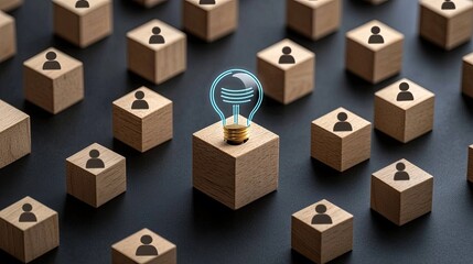 Poster - A blue light bulb symbolizes artificial intelligence, encircled by wooden cubes, reflecting business innovation and digital marketing strategies