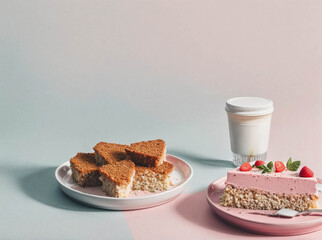 Wall Mural - A plate of cake and a cup of milk sit on a table