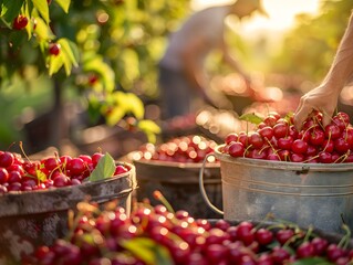 Wall Mural - Cherry harvest in a sunlit orchard with workers collecting ripe fruits during late afternoon