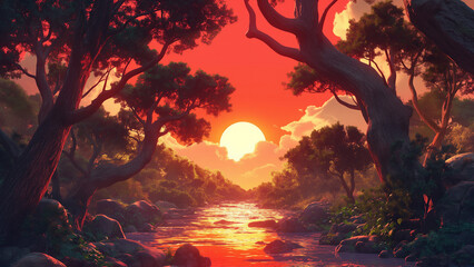 Scenery of a jungle stream. Styled like an anime or game background. Blue sky, sunset, sunrise, night, fog, snow, rain, cloudiness, autumn leaves, rainbow, etc.