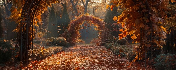 Wall Mural - Autumn leaves on a garden arch