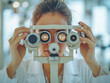 © zphoto83 - A woman wearing a lab coat examines lenses through a visual acuity test machine in a well-lit clinical setting during daylight hours