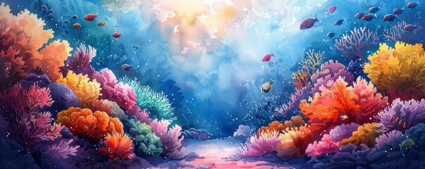 Wall Mural - Watercolor abstract coral reef with diverse marine life.