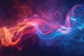 Dynamic smoke swirls dark red. Accented with neon blue textures and warm tones.