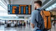 © Pinklife - Individual with a backpack and wearing a casual blue shirt stands in an airport terminal, glancing at the luminous flight schedule board above, ready for another journey.