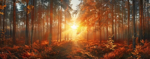 Wall Mural - Sun setting over an autumn forest