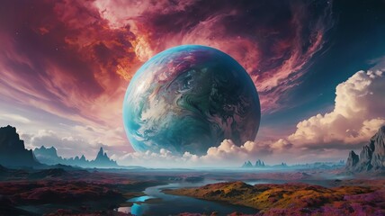 A planet in the sky over a rocky landscape with a red-tinted, flowing river.