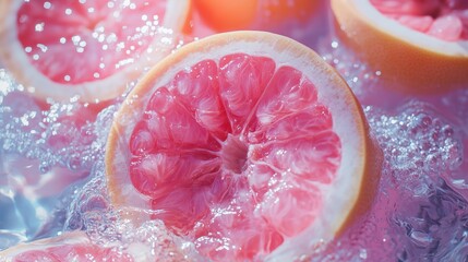 Wall Mural - Fresh pink grapefruit slices floating in clear water with bubbles