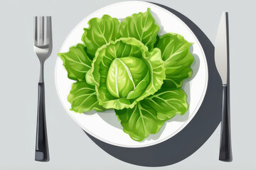 Wall Mural - A plate of green cabbage sits on a table with a fork and knife