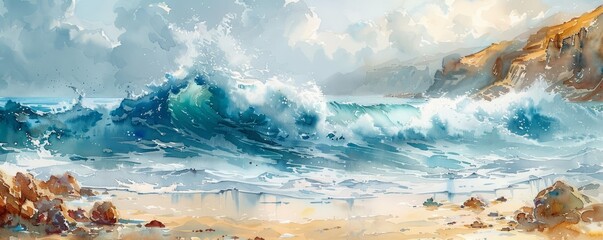 Wall Mural - Abstract waves crashing on a rocky shore in watercolor.