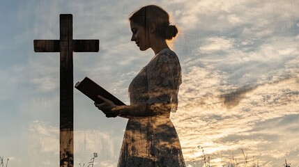 A young woman in a white dress stands in front of a wooden cross, holding a book and looking up at the sky.