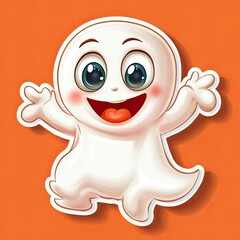 Wall Mural - sticker style cartoon happy ghost thick white outline orange background