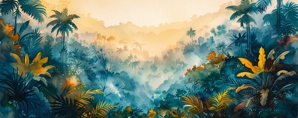 Wall Mural - Abstract lush jungle with rich greens in watercolor.