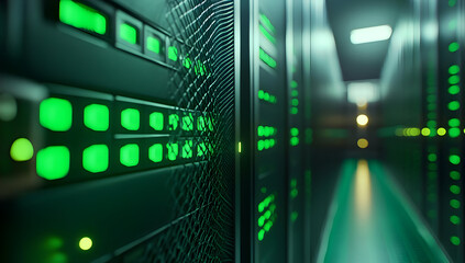 Poster - A close-up view of a data center with illuminated server racks showcasing advanced technology and green LED indicators.