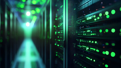 Poster - Futuristic data center with green lights and servers, showcasing modern technology and digital infrastructure.