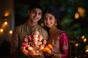 Wall Mural - Young indian couple holding lord ganesha sculpture in hand. celebrating lord ganesha festival.