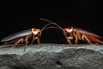 Two Cockroaches Facing Each Other on a Stone, Macro Photography, Intimate Portrait of Insects