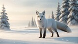 A picture of a white arctic fox standing in a snowy field with trees in the background.