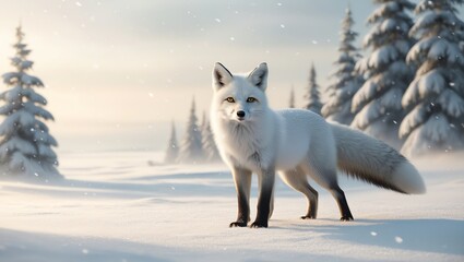 a picture of a white arctic fox standing in a snowy field with trees in the background.