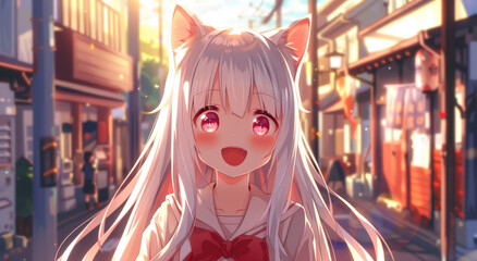 Poster - Cute anime cat girl with long white hair and pink eyes, smiling happily in the street