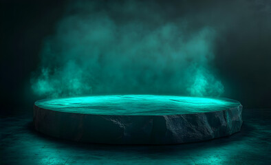 Poster - A mystical circular platform illuminated with a captivating teal glow, surrounded by soft, ethereal mist.