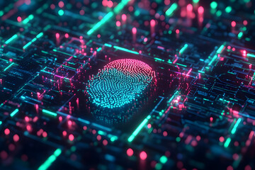 Poster - Futuristic digital fingerprint on a glowing circuit board, symbolizing identity verification and security technology.