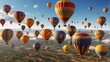 © Muhammad - A bright blue sky filled with many brightly colored hot air balloons, with a cityscape and the sun setting in the distance.