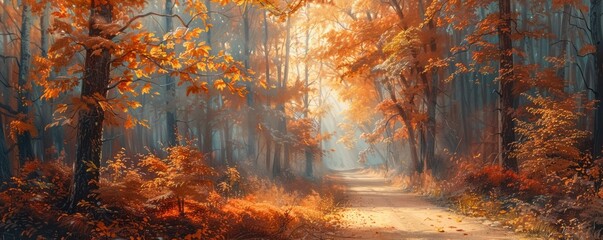 Wall Mural - Pathway through a tranquil autumn forest