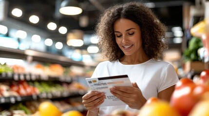 A woman with curly hair wearing a white shirt is reading a discount coupon in a grocery store, standing near the fresh produce aisle, smiling happily at the offer.