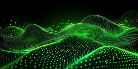 Wall Mural - Green wave of digital particles and dots on a black background, a cyber technology concept