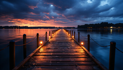 Wall Mural - Tranquil dusk, wood reflection on water, serene nature beauty generated by AI