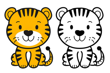 Cartoon animals, funny drawn tiger with contour lines isolated on a transparent background. Simple animal Clip Art, Printable tiger Coloring Page. Simple coloring book for children.