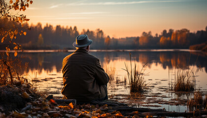 Canvas Print - One man sitting by the pond, enjoying the tranquil sunset generated by AI