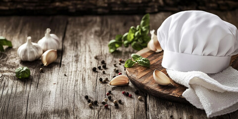 A chef's hat and garlic on an old wooden table, with some herbs scattered around