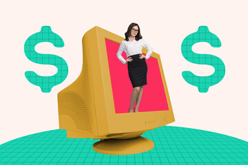 Poster - Sketch image composite trend artwork 3D photo collage of young woman office manager appear retro digital display computer workspace dollar