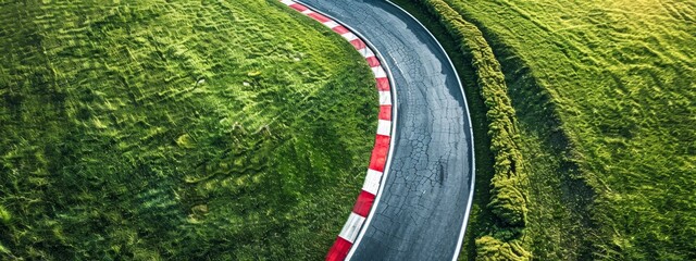 Wall Mural -  A bird's-eye perspective of a car traversing a road amidst a verdant field, dotted with trees