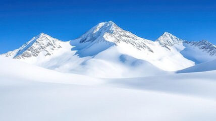 Snow-covered mountain landscape, peaks glistening in the sunlight, clear blue sky, untouched white snow, serene and majestic view, copy space for adventure and winter themes