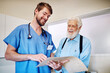 © AK Coop/peopleimages.com - Senior, man or nurse with documents in consultation for medical diagnosis or happy for test results. Elderly patient, doctor and health report for recovery treatment, planning or assessment in clinic