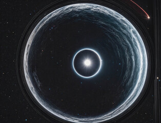 Wall Mural - A large, round, dark blue and white planet with a bright sun in the center