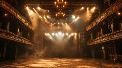 Aufkleber - Empty Stage with Spotlights and Smoke in a Theatrical Setting