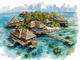 Wall Mural - A drawing of a tropical island with a lot of houses and a bridge. The houses are made of wood and are surrounded by water. Scene is peaceful and relaxing, as it depicts a serene island getaway