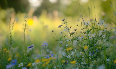 Poster - Background of Blooming Wildflowers in a Meadow with Vibrant Colors and Soft Bokeh