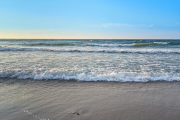 Wall Mural - Scenic landscape of shore of Baltic sea in summer. Sandy beach and clear, blue sky.